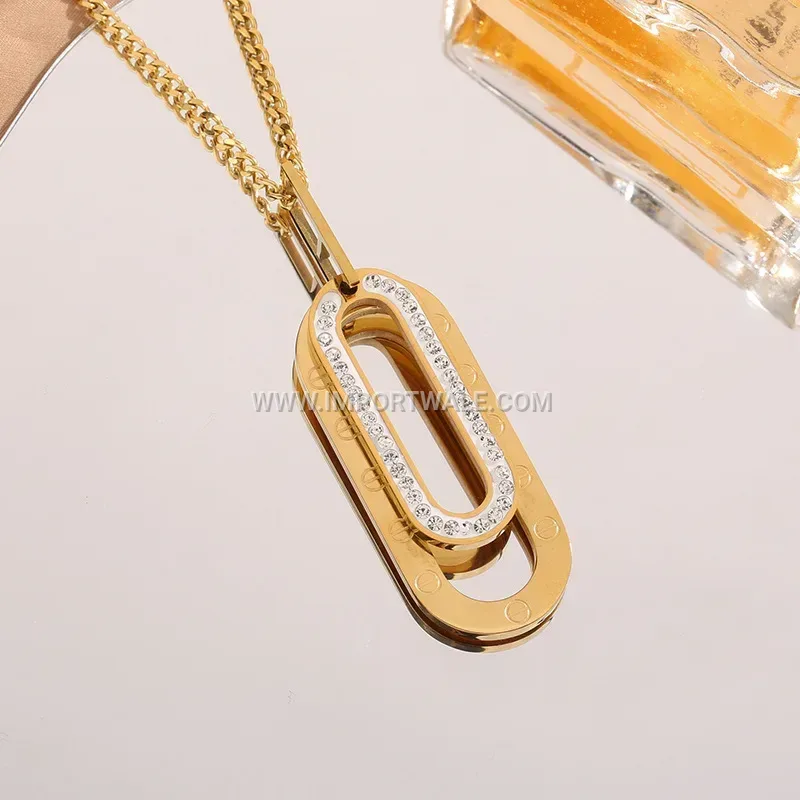 Titanium Steel Rhinestone Double Ring Long Pendant Necklace