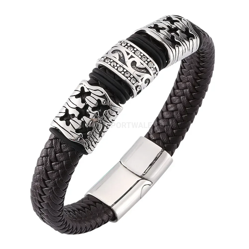 Elegant Men's Geometric Stainless Steel Clasp Braided Leather Bracelet