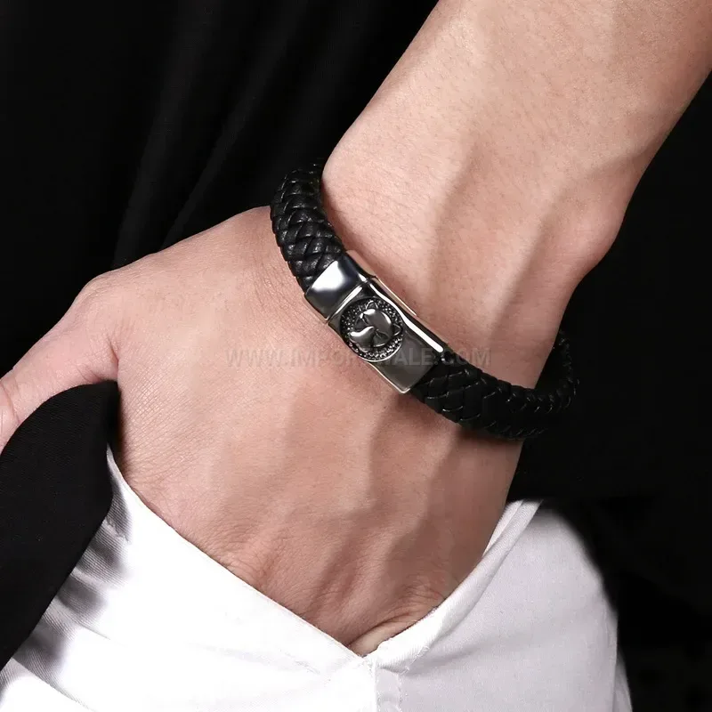 Wolf Head Stainless Steel Stitched Leather Men's Bracelet