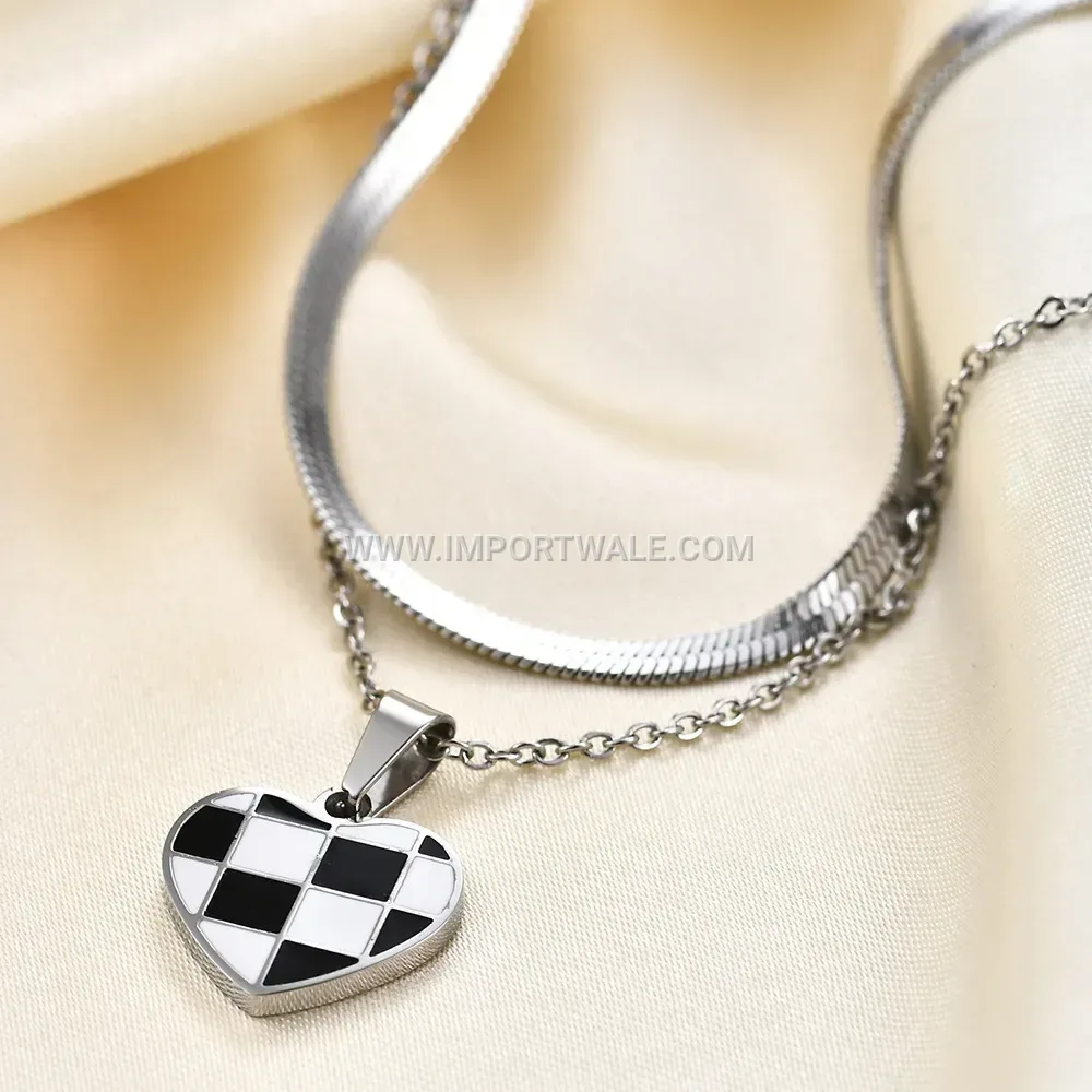 Checkerboard Enamel Heart Pendant Blade Chain Stainless Steel Necklace