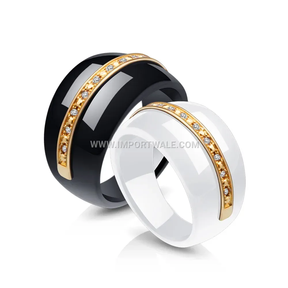 Two-Tone Ceramic Stainless Steel Crystal Band Ring