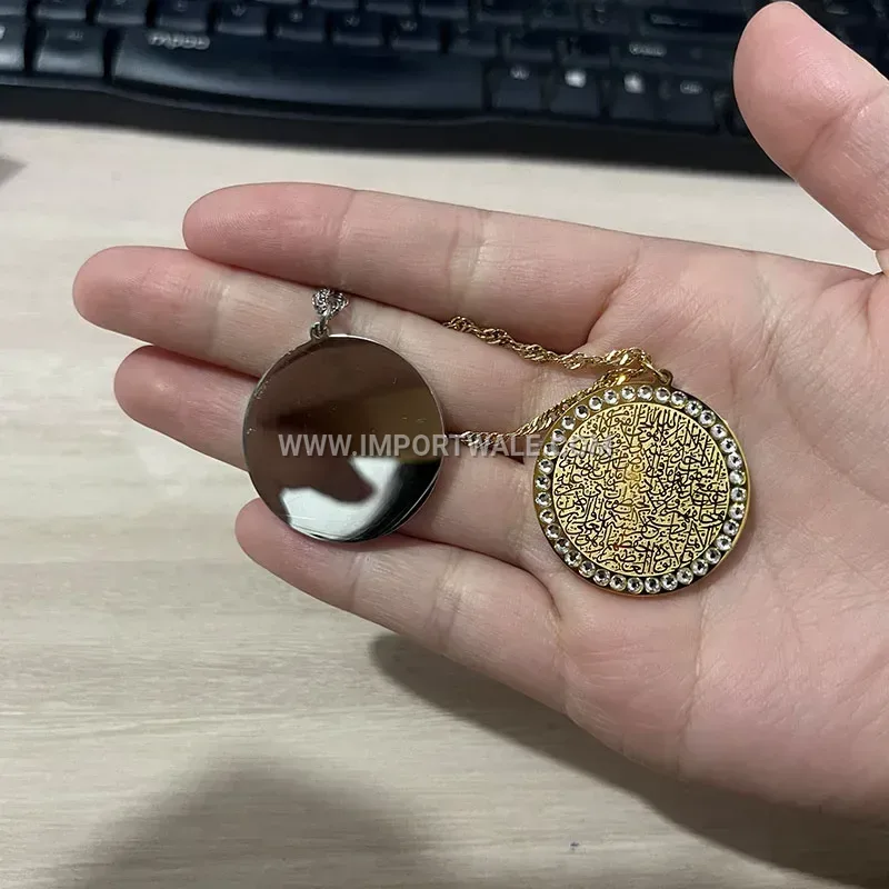 Crystal Border Arabic Calligraphy Stainless Steel Round Pendant Necklace