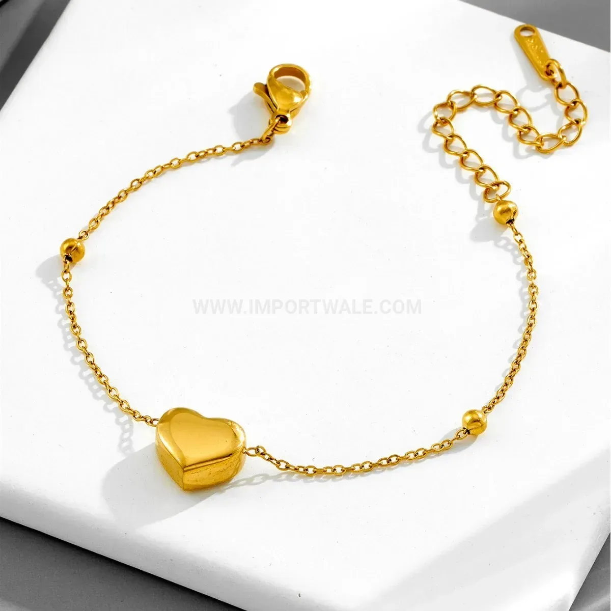 Titanium Steel Bead Accent Heart Charm Bracelet