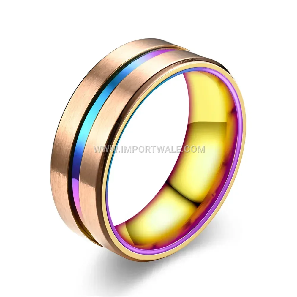 Stainless Steel Beveled Grooved Band Ring with Colorful Inlay