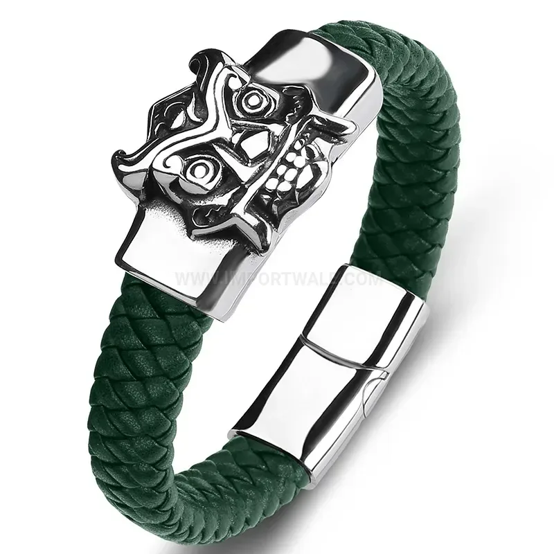 Trendy Skull Mask Stainless Steel and Leather Men's Statement Bracelet