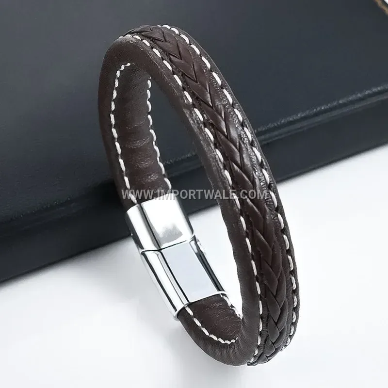 Multi Strand Woven Leather Wristband with Metallic Clasp