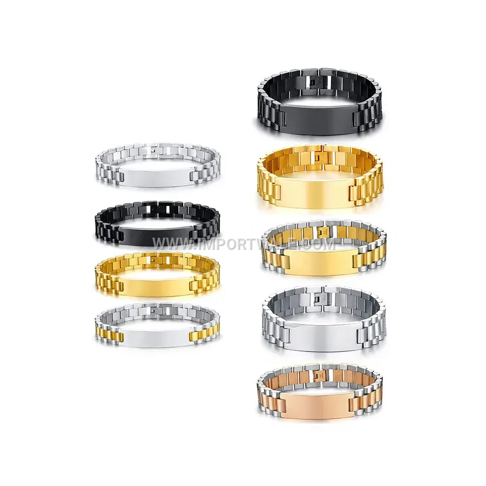 Engraved Curved Plate Titanium Steel Watchband Link Bracelet