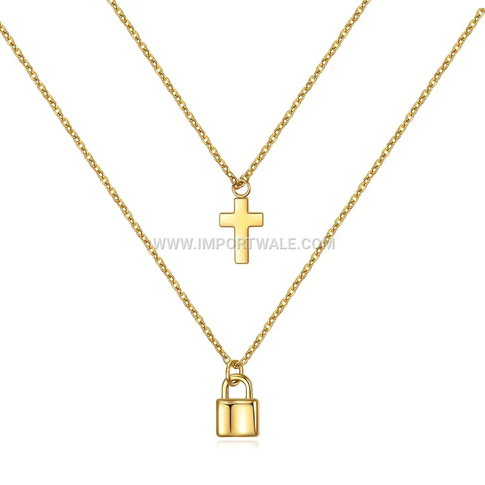 Retro Stainless Steel Padlock and Cross Pendant Necklace