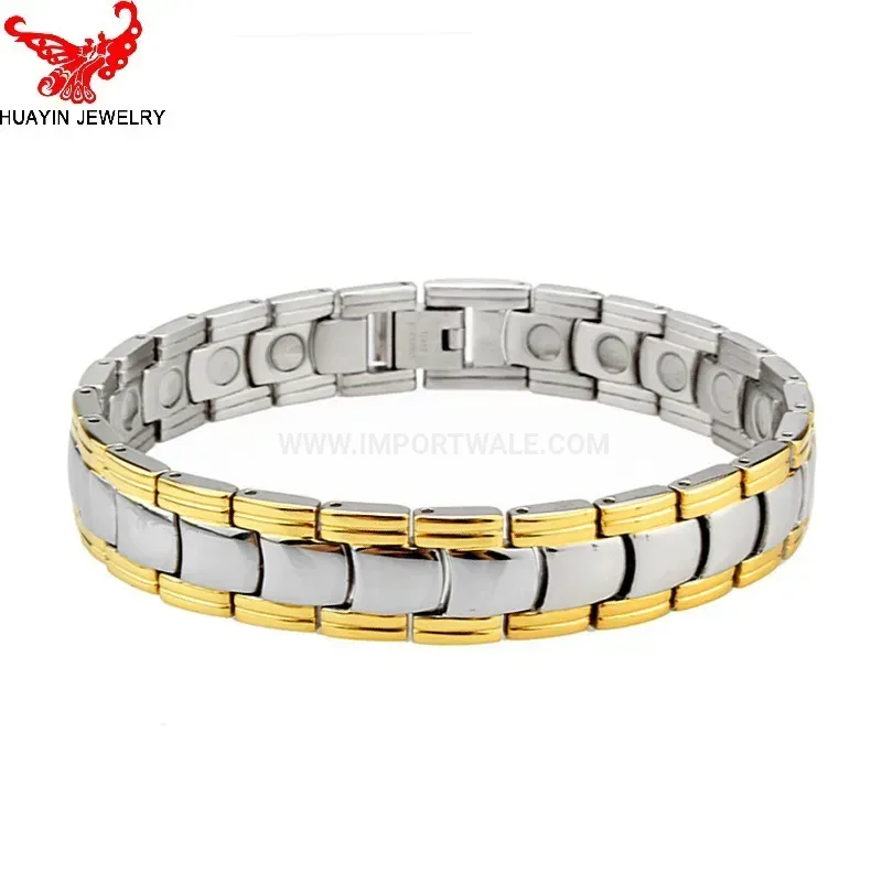 Premium Men Two Tone Steel Bio Magnetic Bracelet with Hematite Inlays