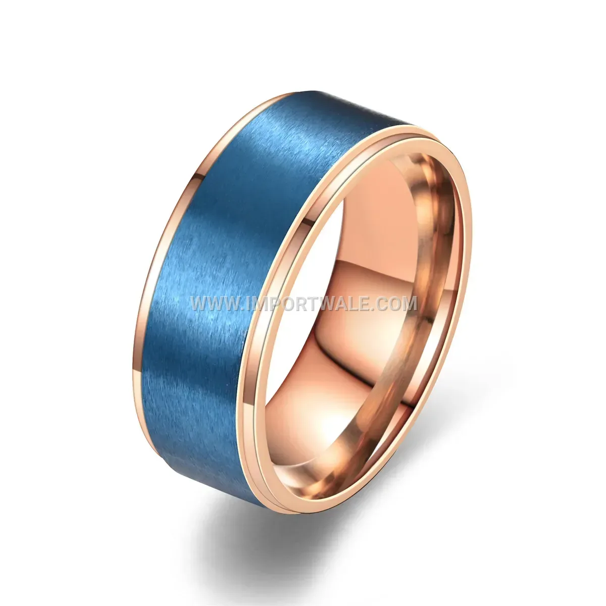 Two Tone Rose Gold and Blue Stepped Stainless Steel Ring