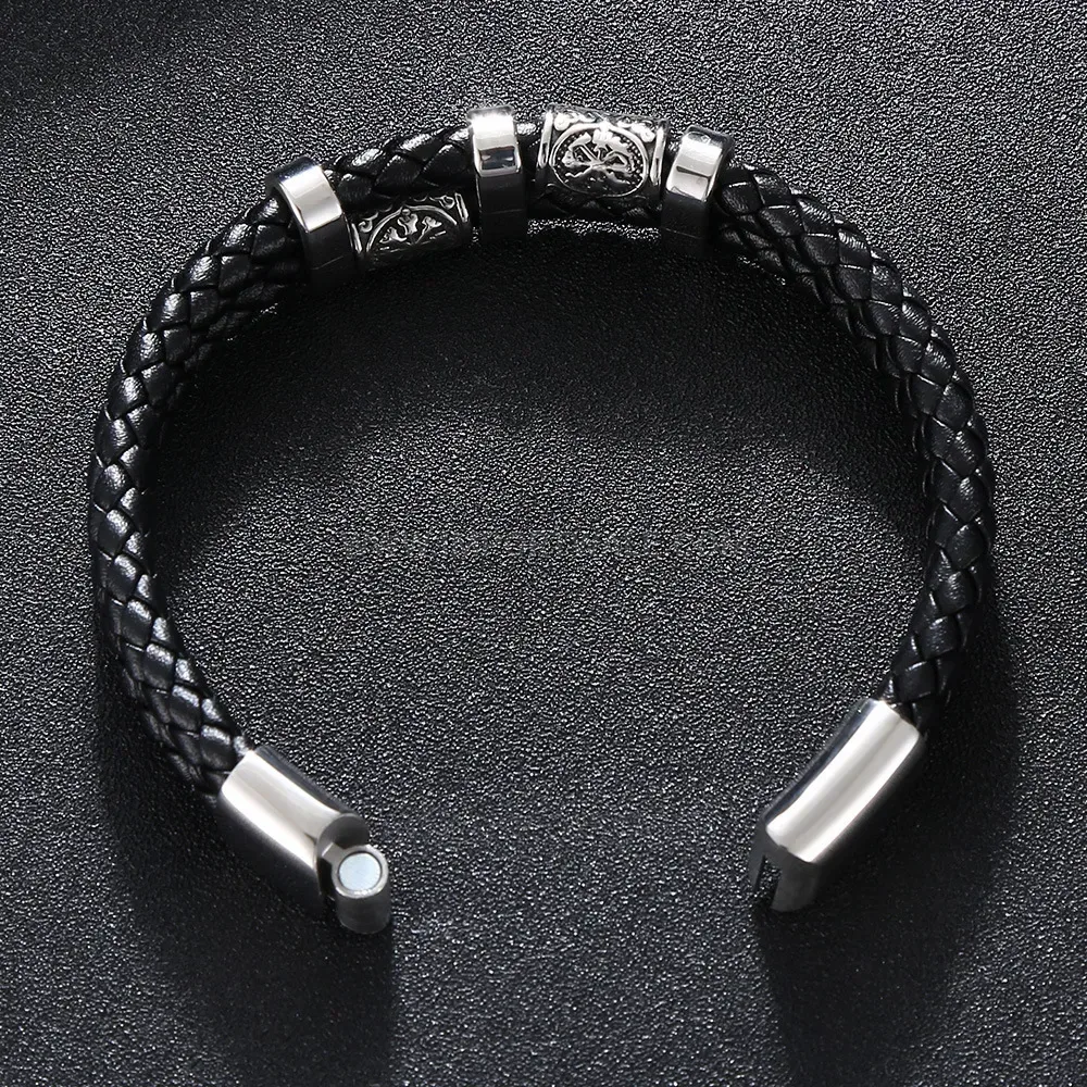 Viking Inspired Stainless Steel Double Strand Leather Wristband
