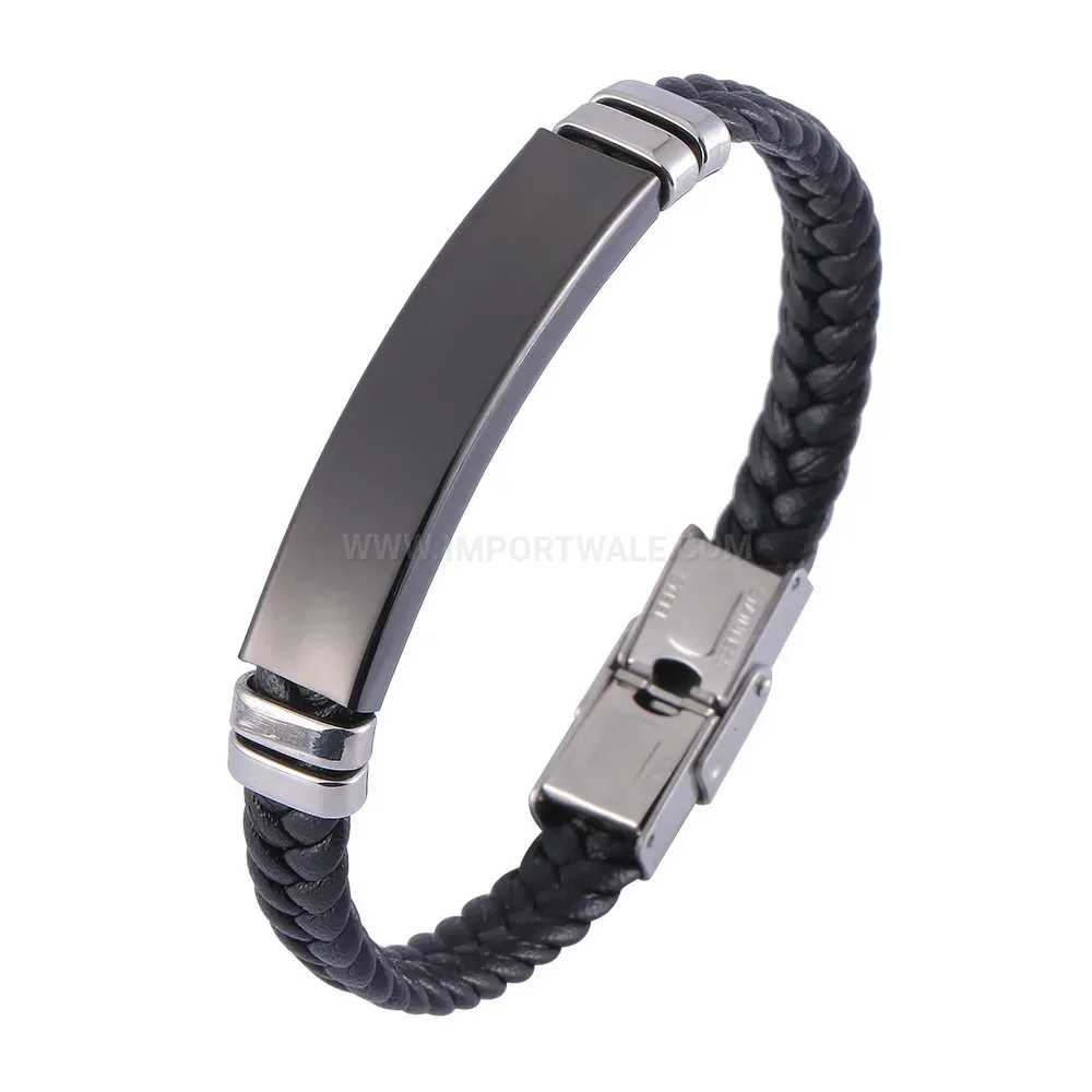 Black Leather Woven Stainless Steel Clasp Band Bracelet