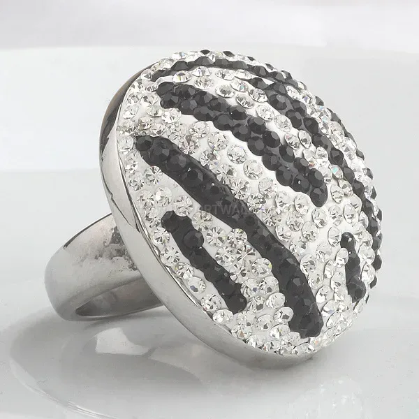 Black Striped Rhinestone Stainless Steel Statement Ring