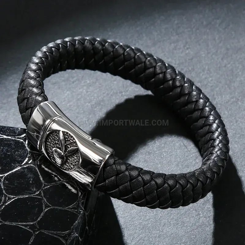 Chic Stainless Steel Handcrafted Leather Bunny Charm Bracelet