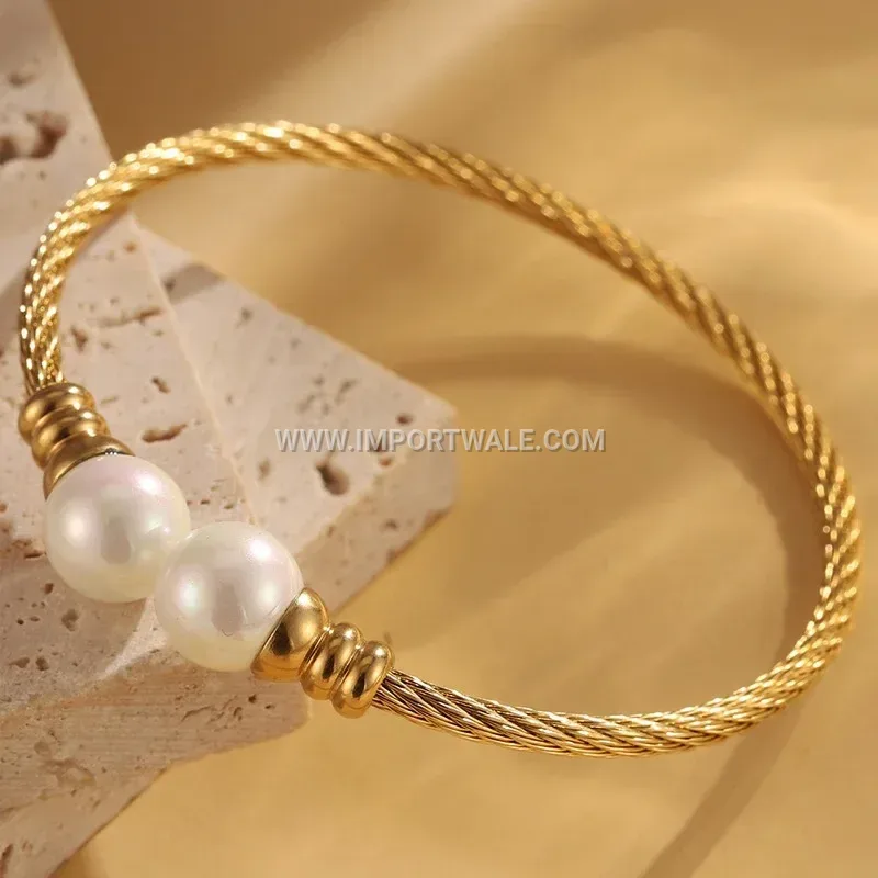Twisted Wire 18K Gold Plated Open Cuff Bracelet with Pearl