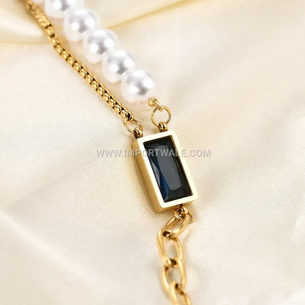 Double Layer Stainless Steel Link Bracelet with Sapphire and Imitation Pearl