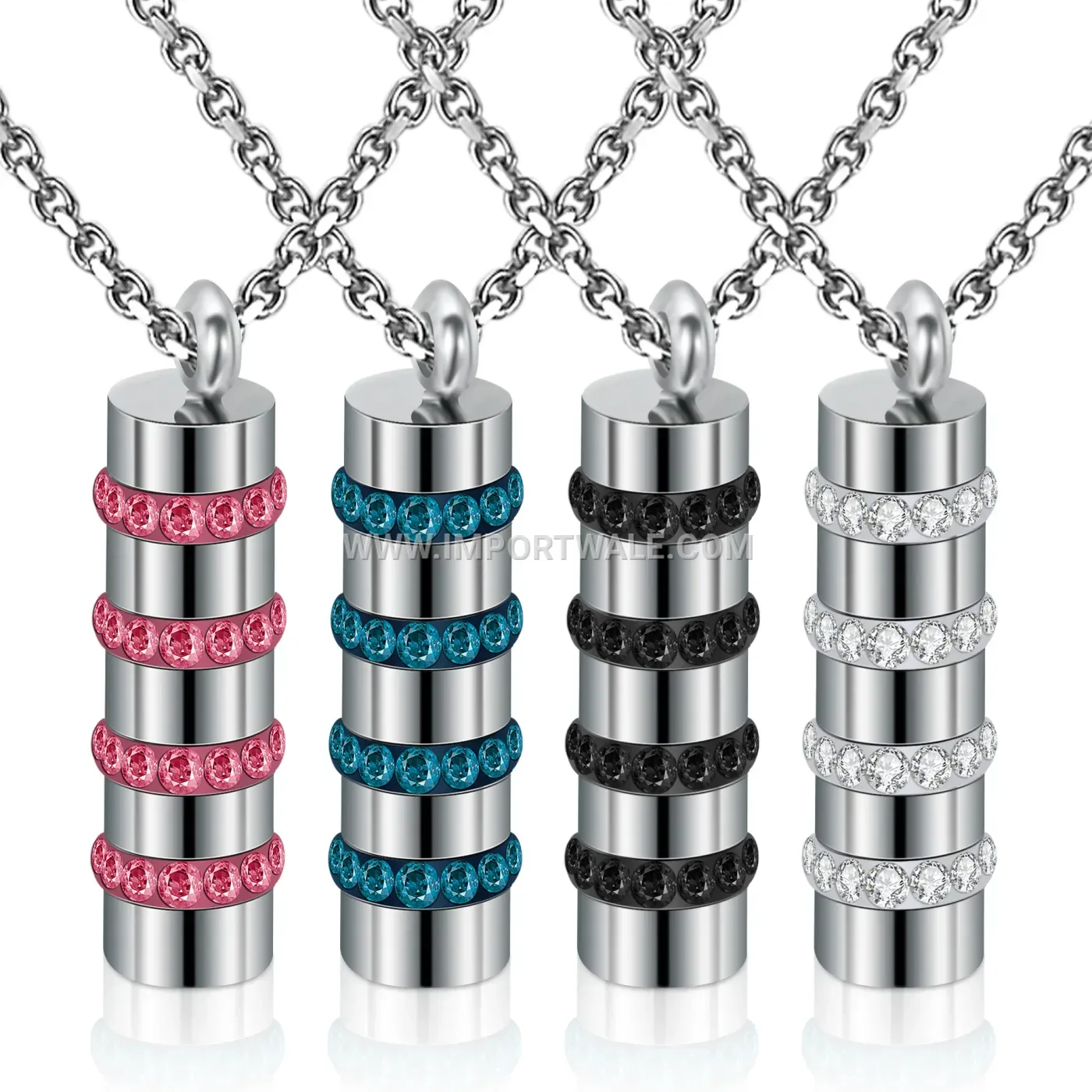 Cylindrical Rhinestone Stainless Steel Pendant Necklace