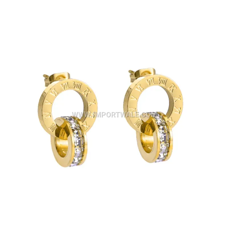 Zircon Accent Roman Numeral Double Ring Titanium Steel Stud Earrings