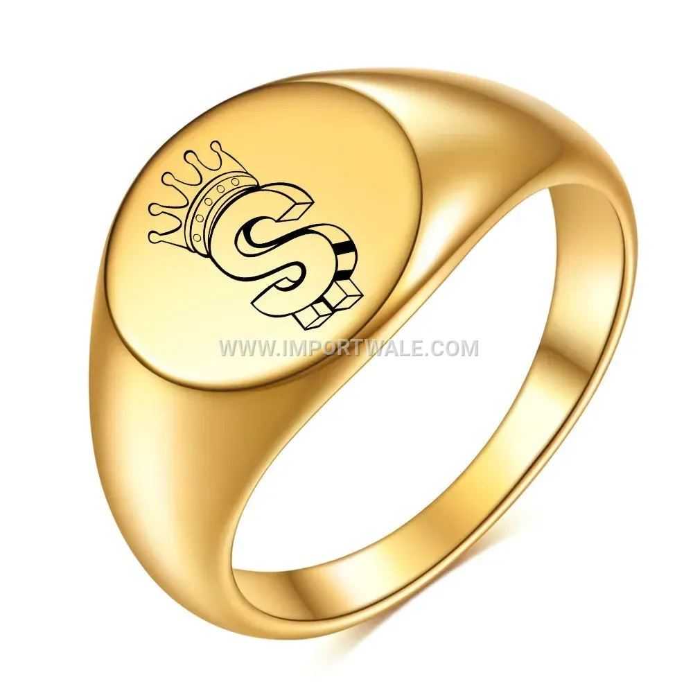 Laser Engraved Crown and Dollar Signet Ring