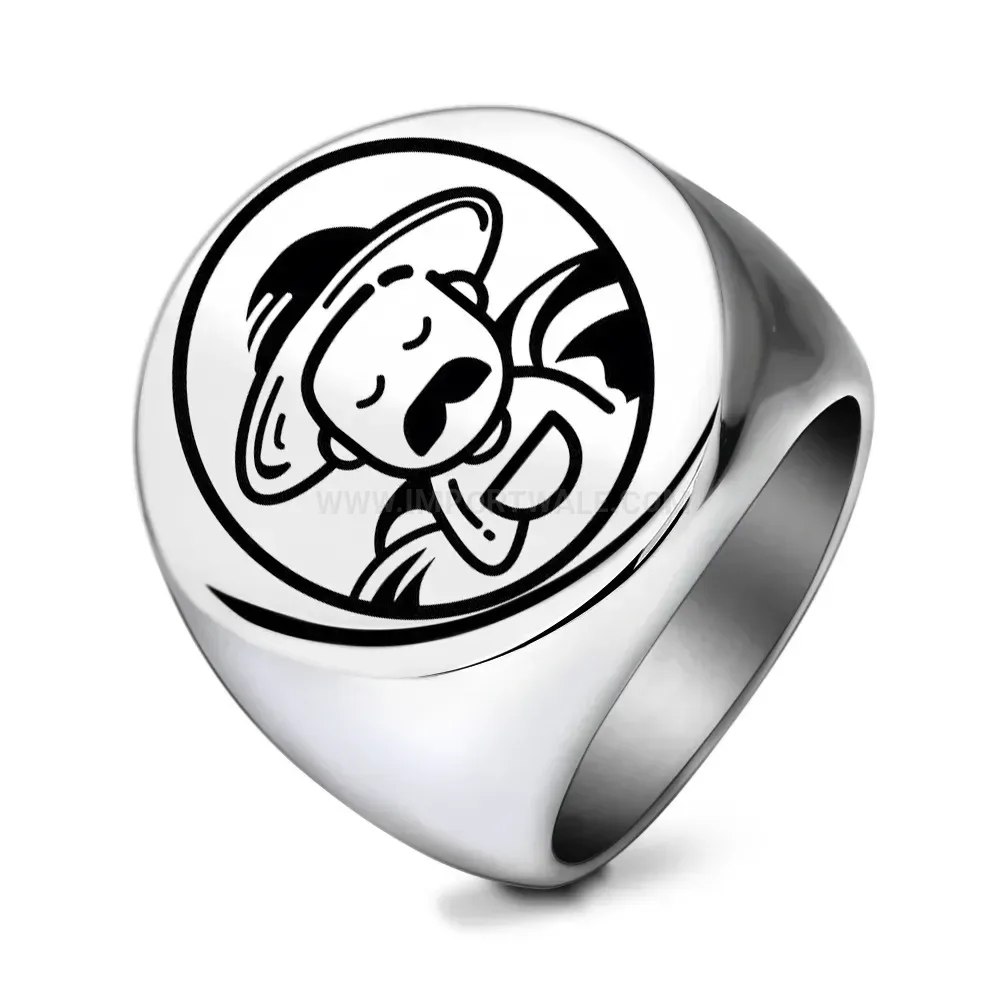 Premium Laser Etched Character Stainless Steel Round Signet Ring