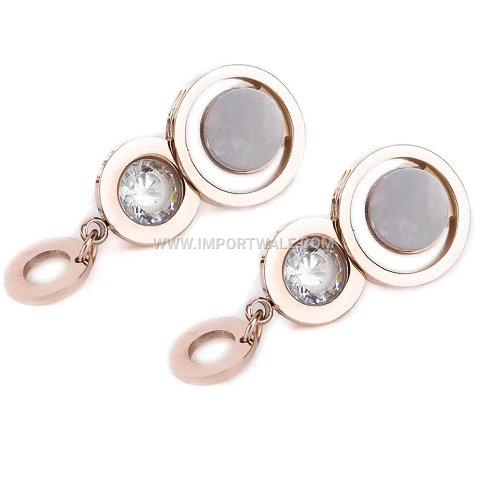 Stainless Steel Cutout Teardrop Earrings with Shell Accent and Rhinestones