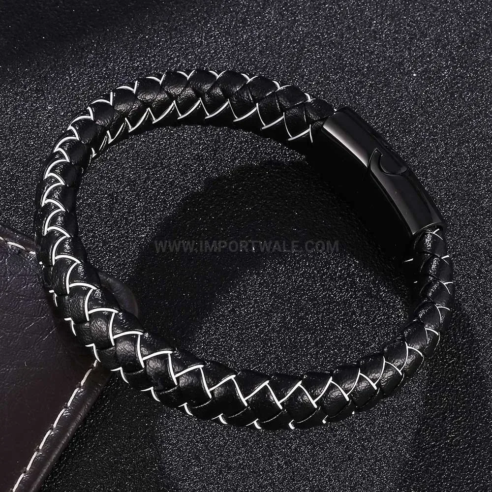 Woven Leather Wire Stainless Steel Clasp Bracelet