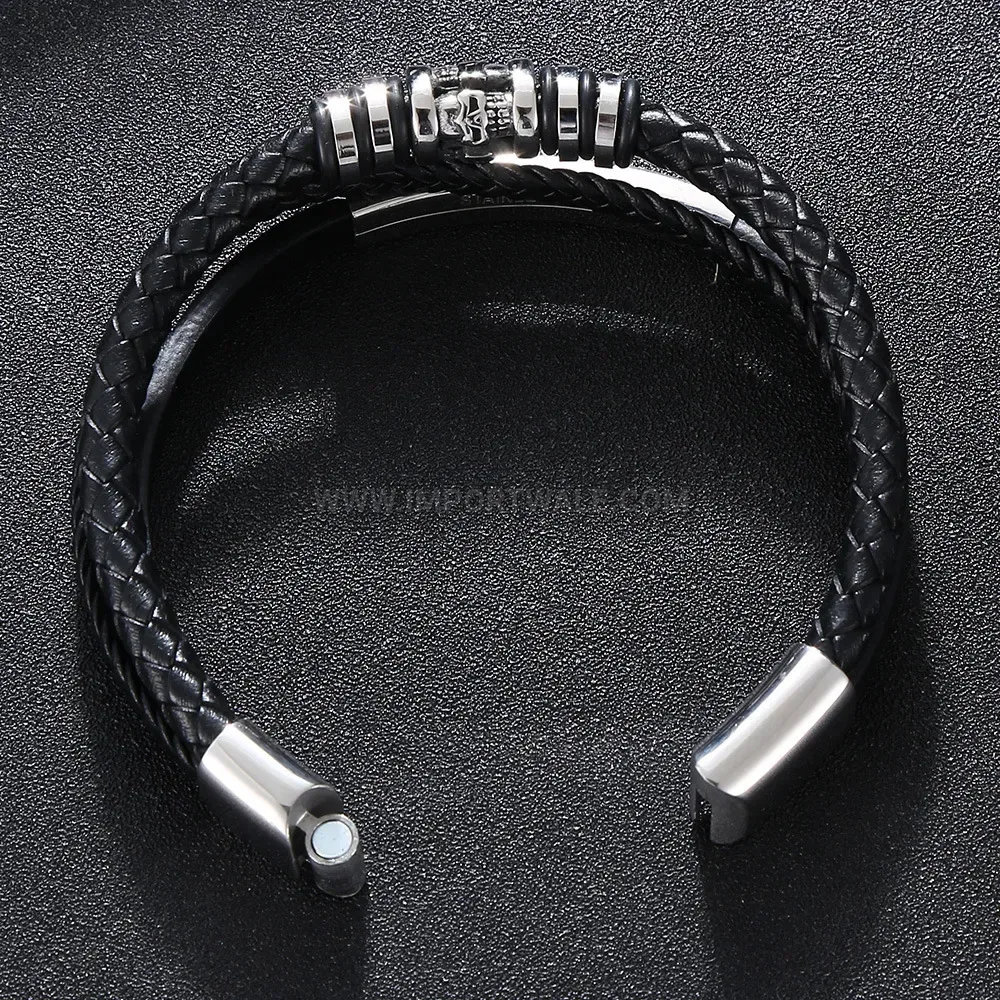 Viking Patterned Multi Strand Woven Leather Stainless Steel Bracelet