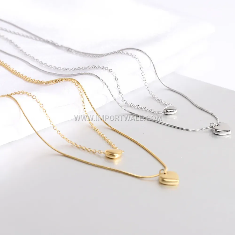 Double Layer Stainless Steel Heart Pendant Choker Necklace