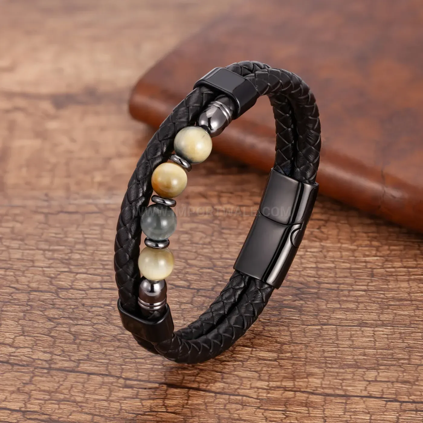 Dual Layer Stone and Braided Leather Bracelet with Clasp
