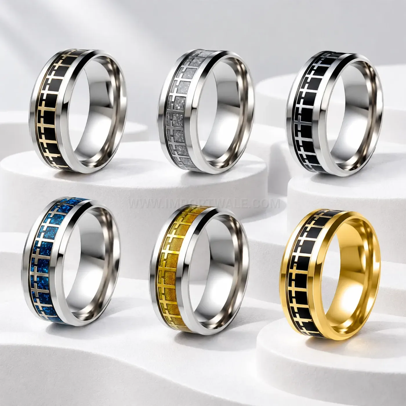 Stainless Steel Wide Band Ring with Cross Texture