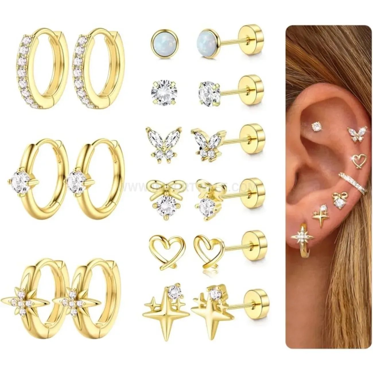 Trendy Stainless Steel Flat Back Stud and Hoop Piercing Earring Set
