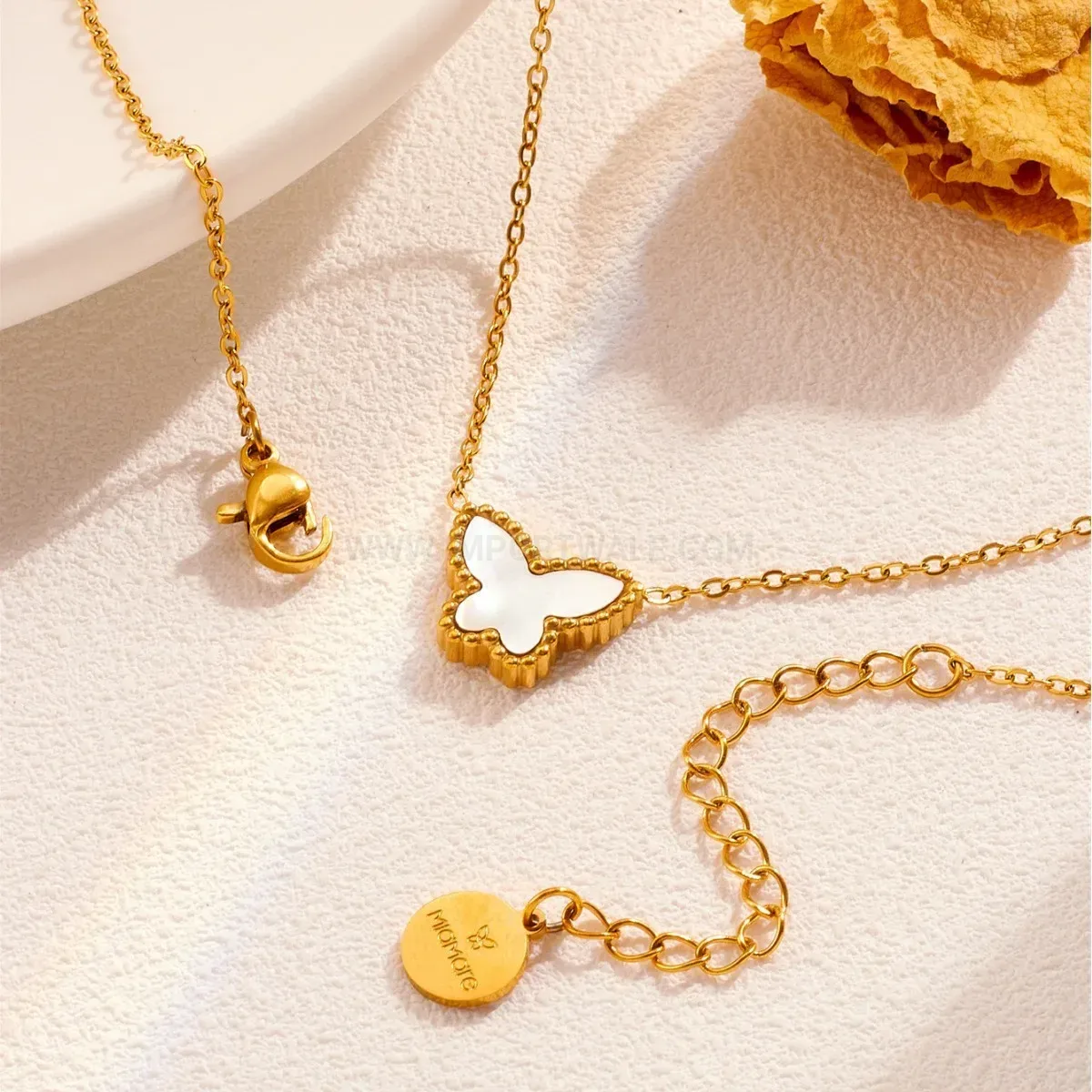 Classic Gold Stainless Steel White Shell Butterfly Pendant Necklace