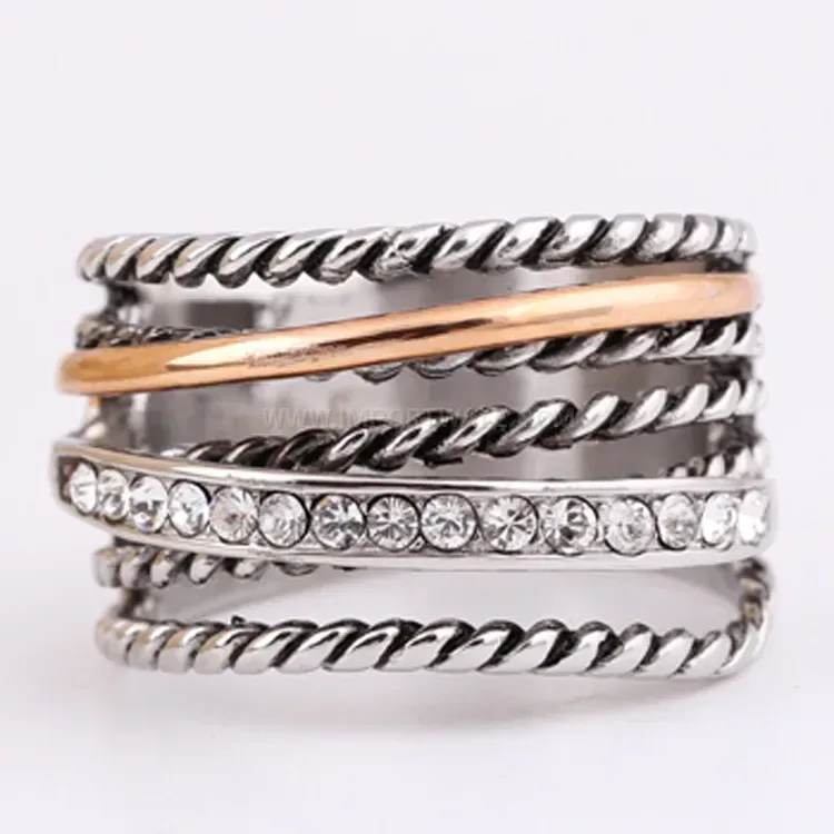 Classic Two Tone Rhinestone Titanium Steel Geometric Ring