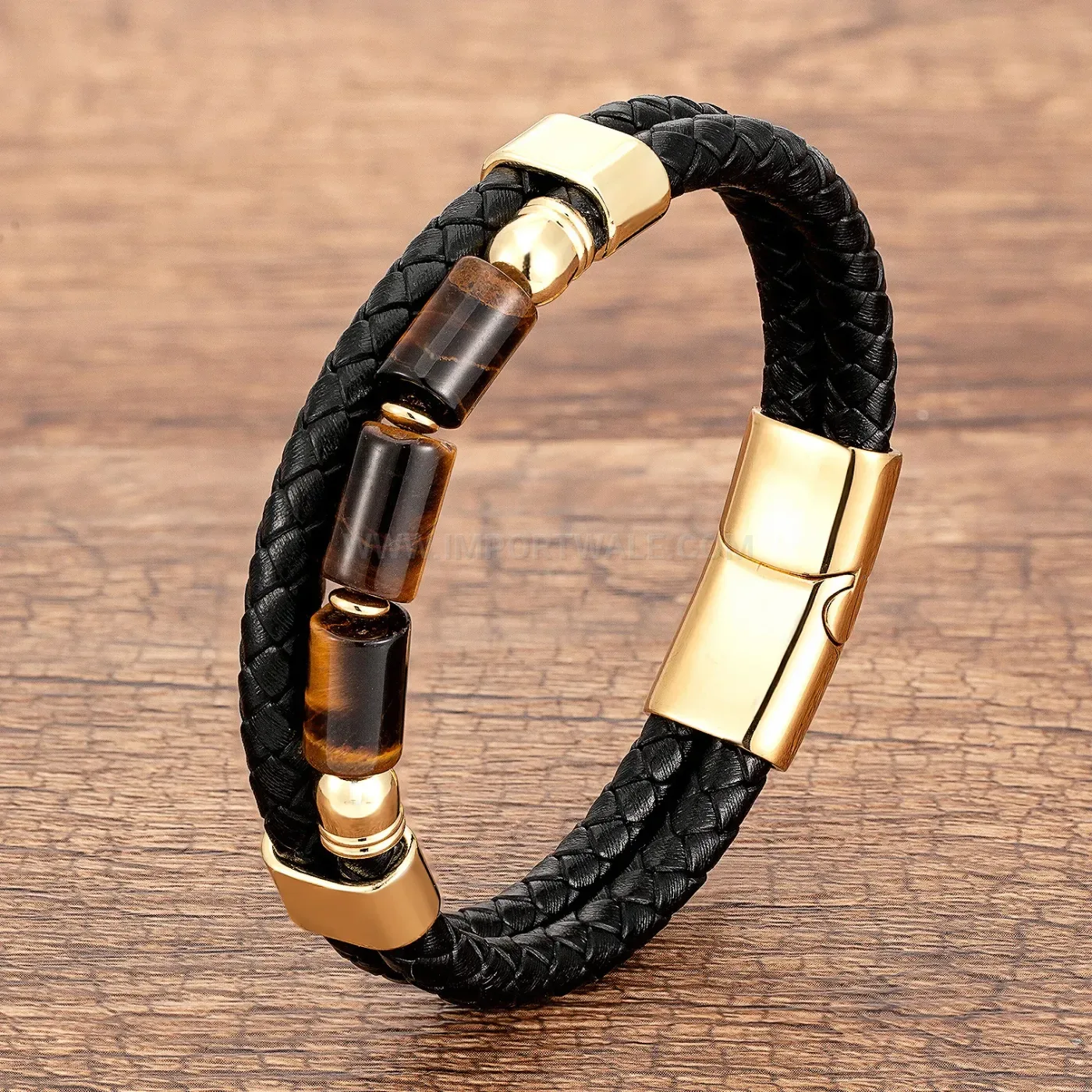 Braided Leather Tiger Eye Natural Stone Wristband Stainless Steel Clasp