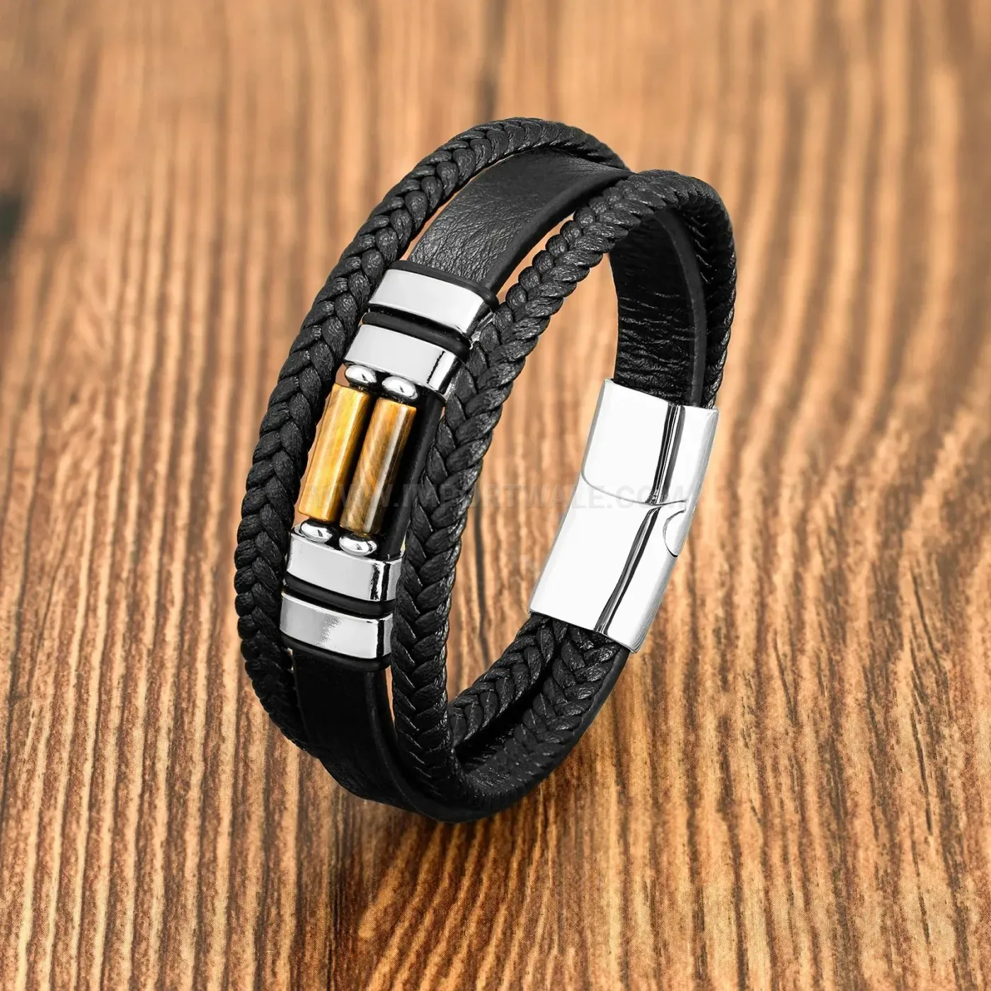 Vintage Braided Leather Stone Bracelet with Geometric Stainless Steel Clasp
