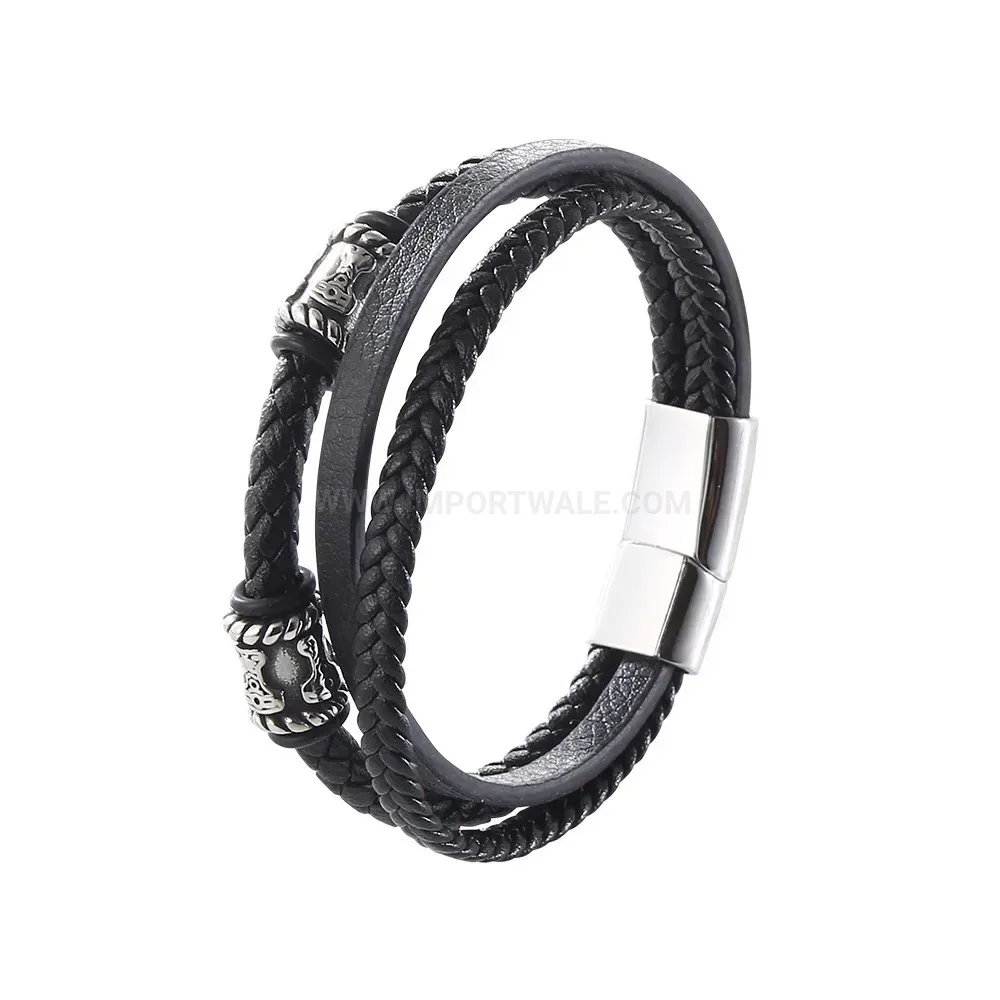 Multi Layer Braided Leather Wristband with Stainless Steel Clasp