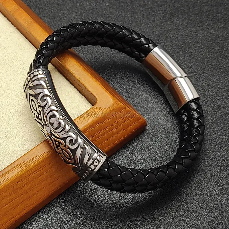 Stylish Carved Totem Stainless Steel Dual Color Leather Wristband