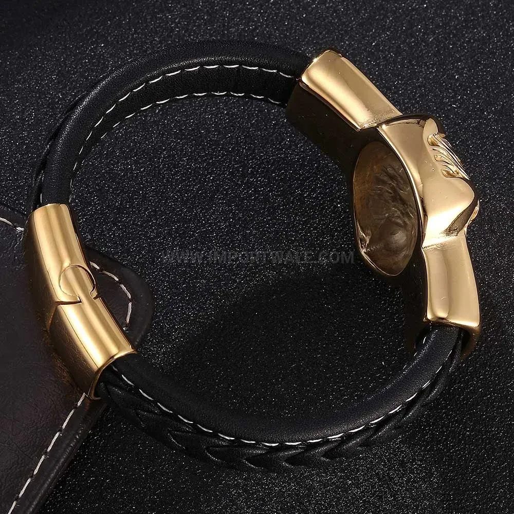 Chic Lion Head Stainless Steel Accent Leather Men Bracelet