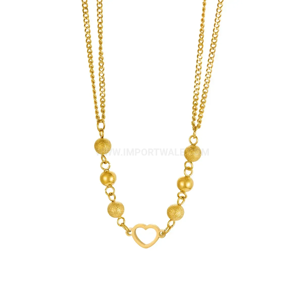 Bold Beaded Heart Pendant Gold Plated Stainless Steel Necklace