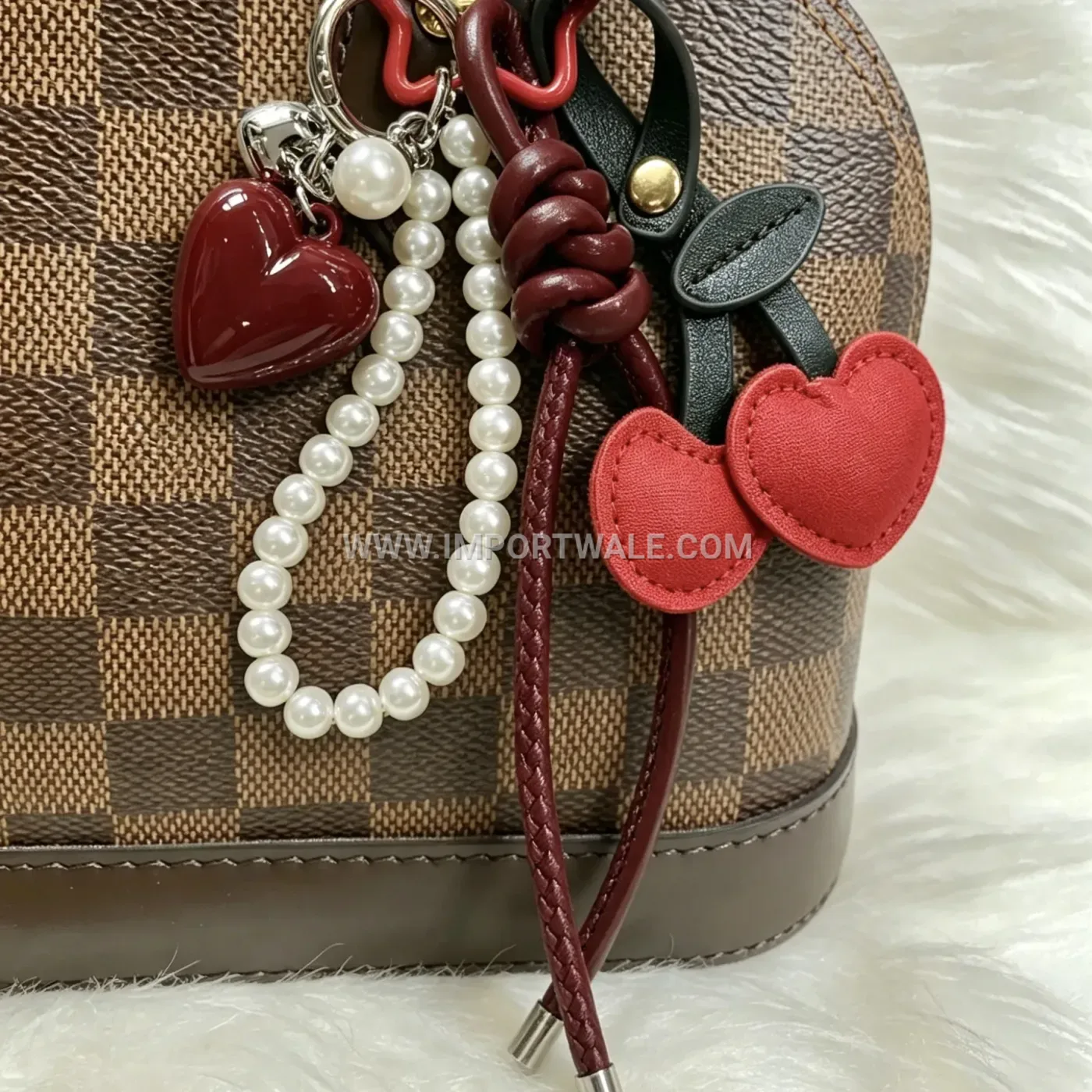 Burgundy Leather Heart and Pearl Cherry Bag Charm