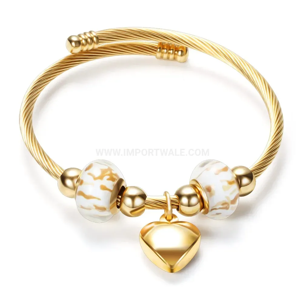 Stylish Beaded Heart Accent Stainless Steel Open Bangle Bracelet