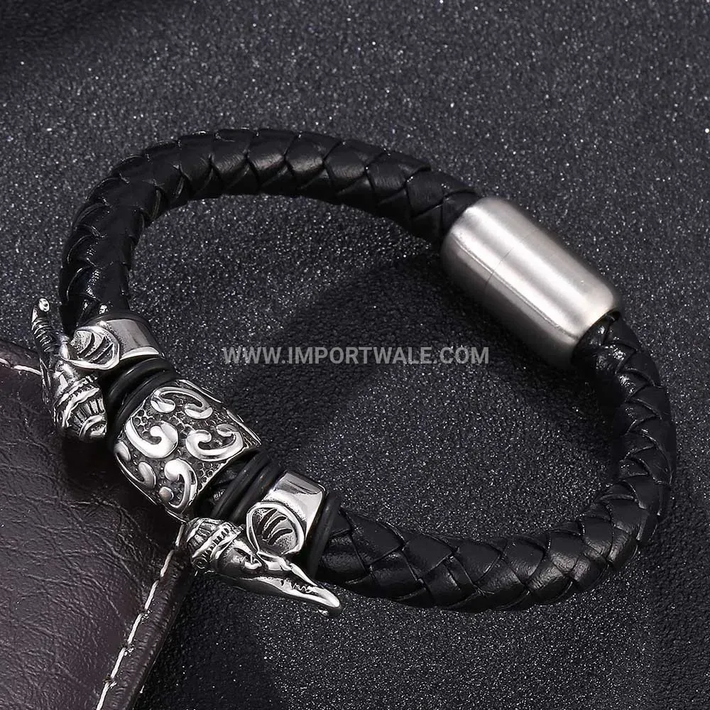 Retro Braided Leather Wristband with Stainless Steel Elephant Motif