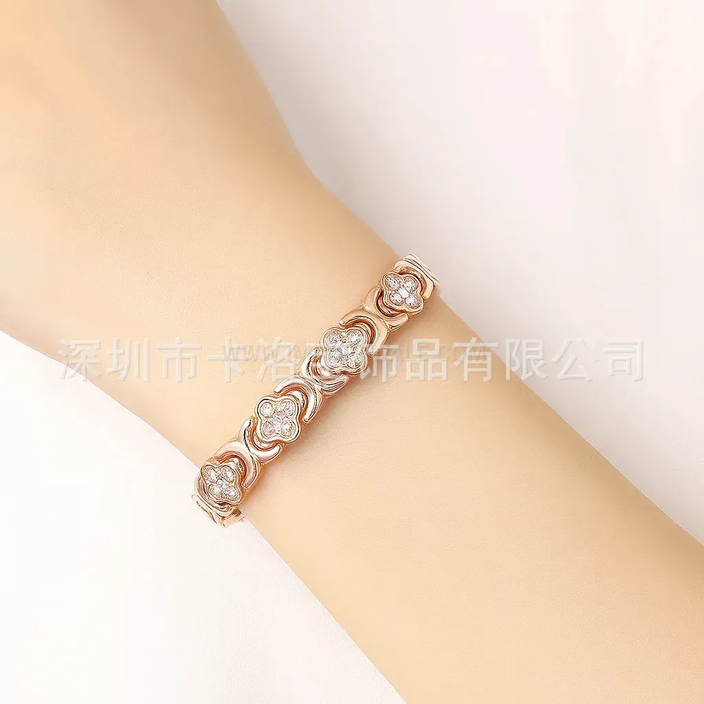 Trendy Pure Red Copper Four-Leaf Clover Magnetic Bio Therapy Bracelet