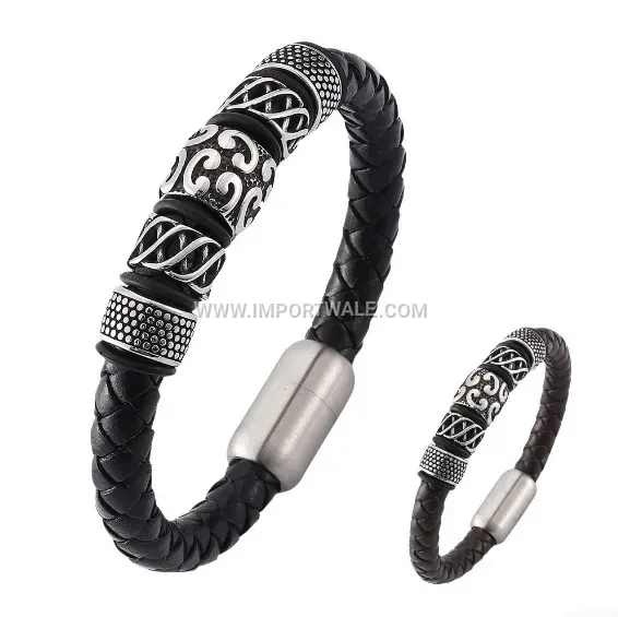 Men's Braided Leather Stainless Steel Magnetic Clasp Cuff Bracelet