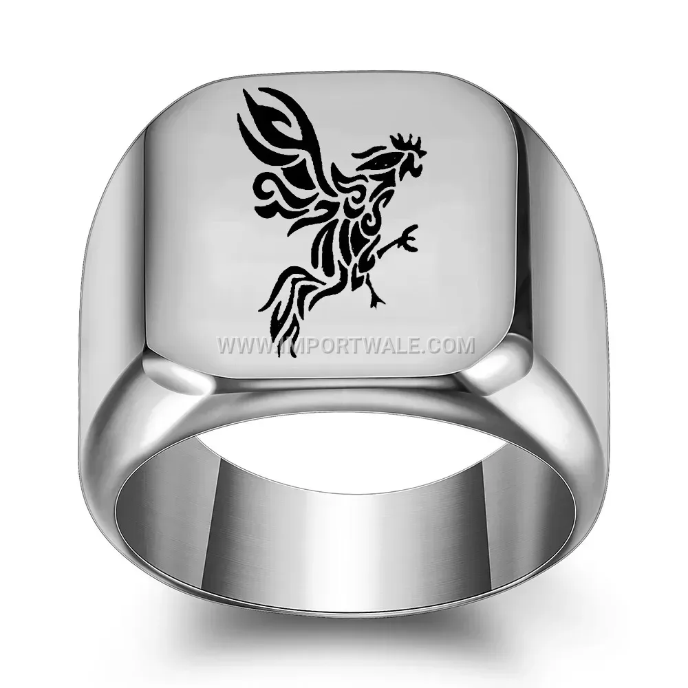 Rooster Motif Laser Engraved Square Stainless Steel Ring