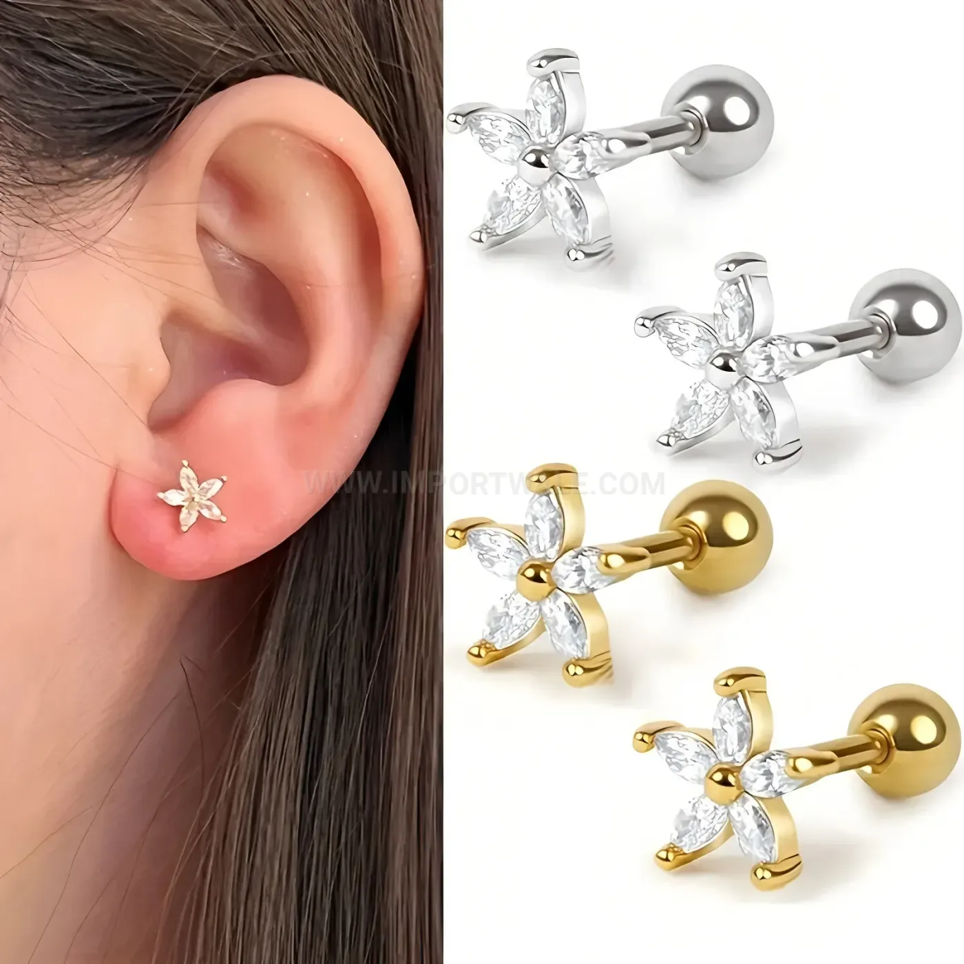 Designer Delicate Rhinestone Flower Stainless Steel Piercing Ear Cartilage Stud