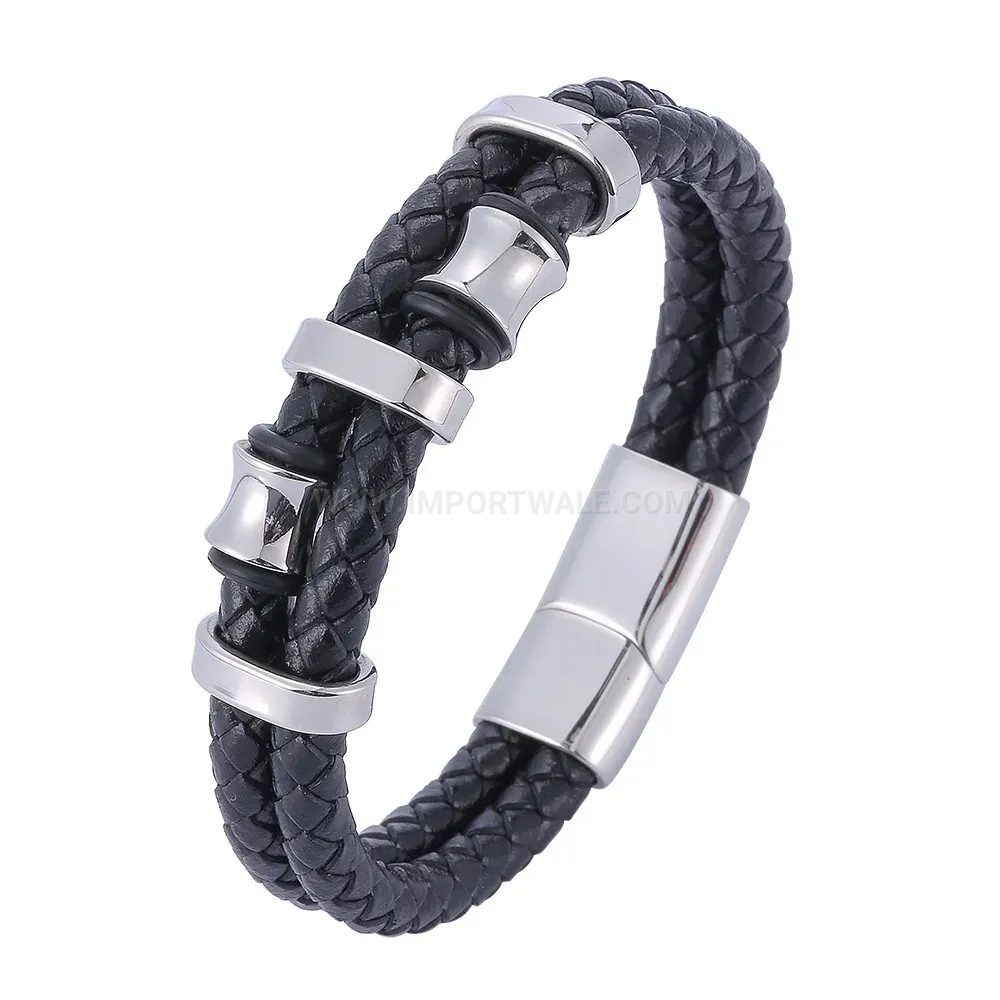 Men's Braided Leather Bracelet with Stainless Steel Magnetic Clasp