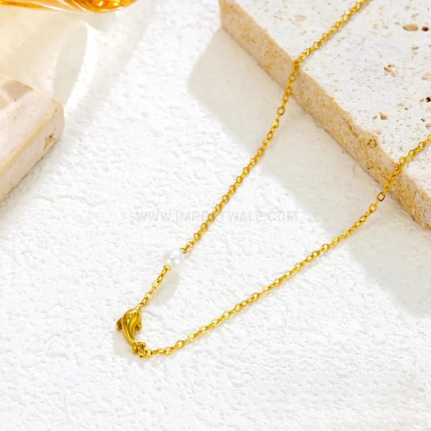 Gold Titanium Steel Dolphin Pendant Cable Chain Necklace