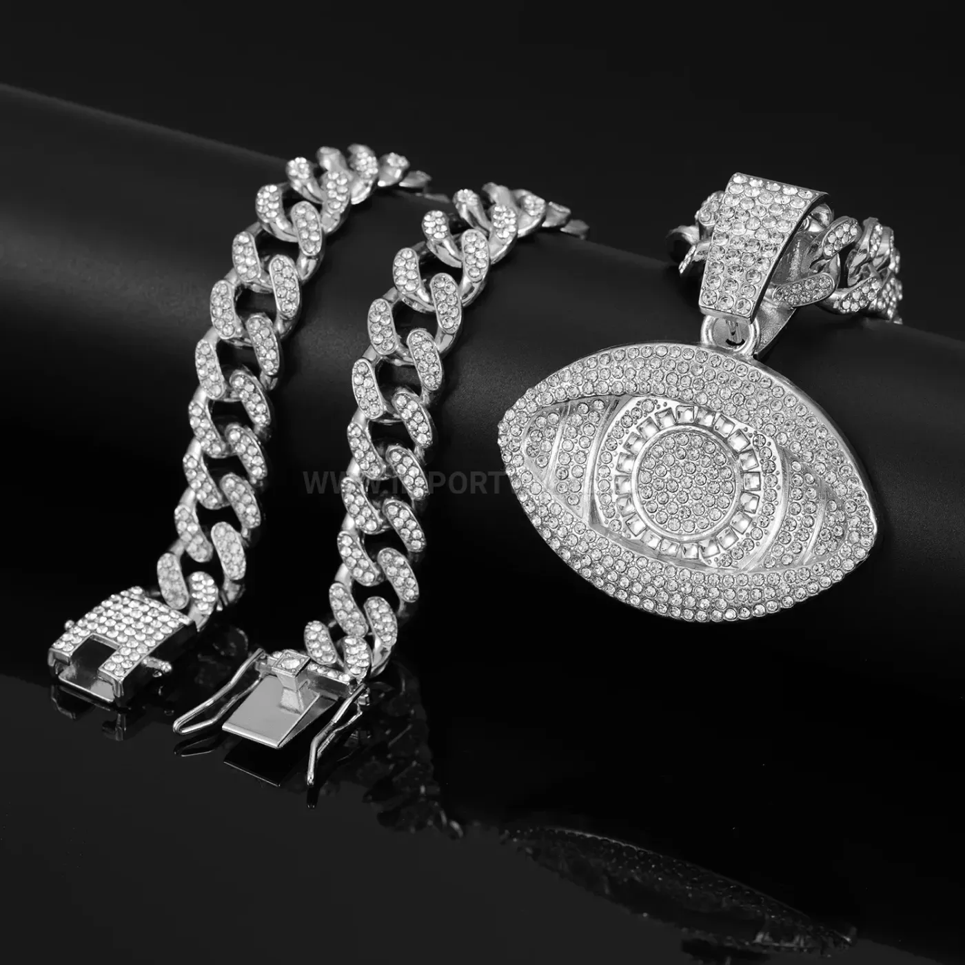 Iced Out Big Eye Pendant Hip Hop Cuban Chain Necklace