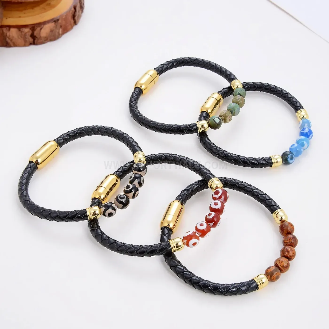 Braided Leather Natural Stone Beaded Wristband Stainless Steel Clasp